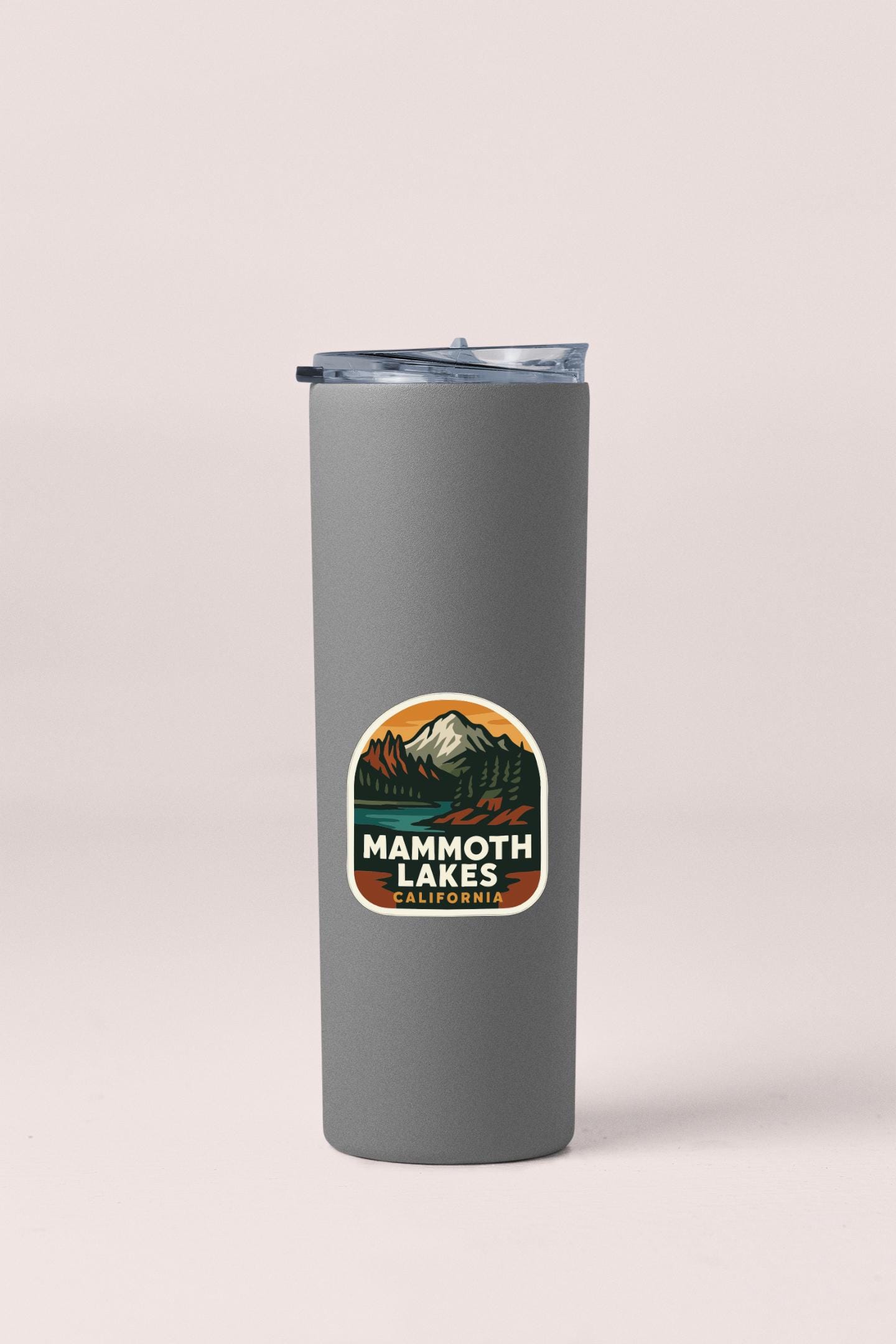A gray insulated tumbler with a label that says "MAMMOTH LAKES CALIFORNIA".