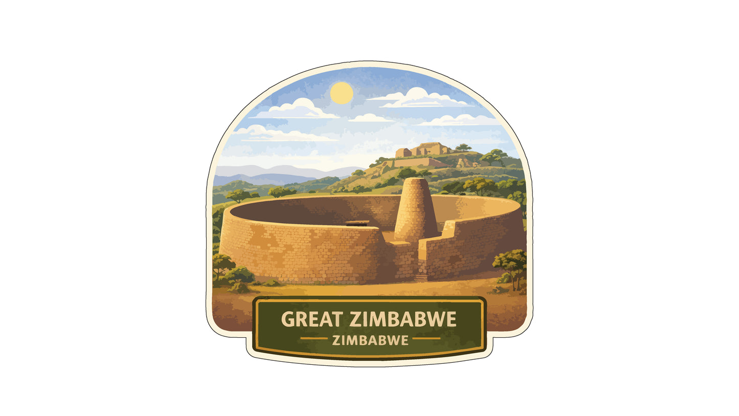 A circular stone structure with a tower, set against a landscape with mountains and a bright sun in the sky. The text below the image reads "GREAT ZIMBABWE ZIMBABWE".