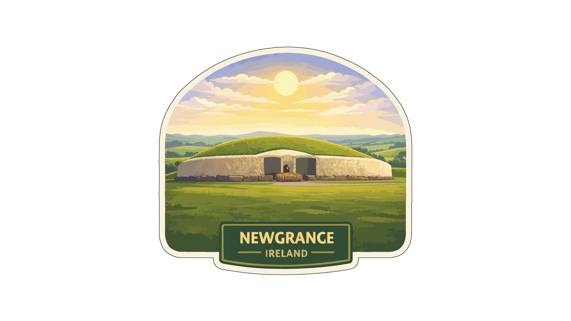 a large, circular structure surrounded by a grassy field, with a bright sun in the sky.
