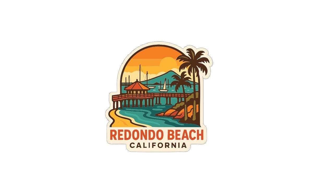 A sticker depicting a scenic view of Redondo Beach, California, with a pier, palm trees, and a sunset over the ocean.