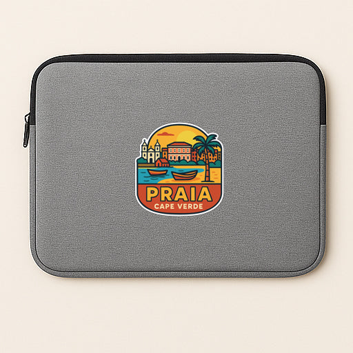 A gray laptop sleeve with a colorful graphic of Praia, the capital city of Cape Verde, printed on it.