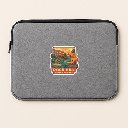 A gray laptop sleeve with a sticker depicting a scenic view of Rock Hill, South Carolina.