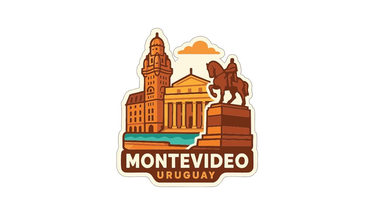 a sticker or emblem with the text "MONTEVIDEO Uruguay" and a depiction of a statue of a man on a horse, along with a building and a body of water.