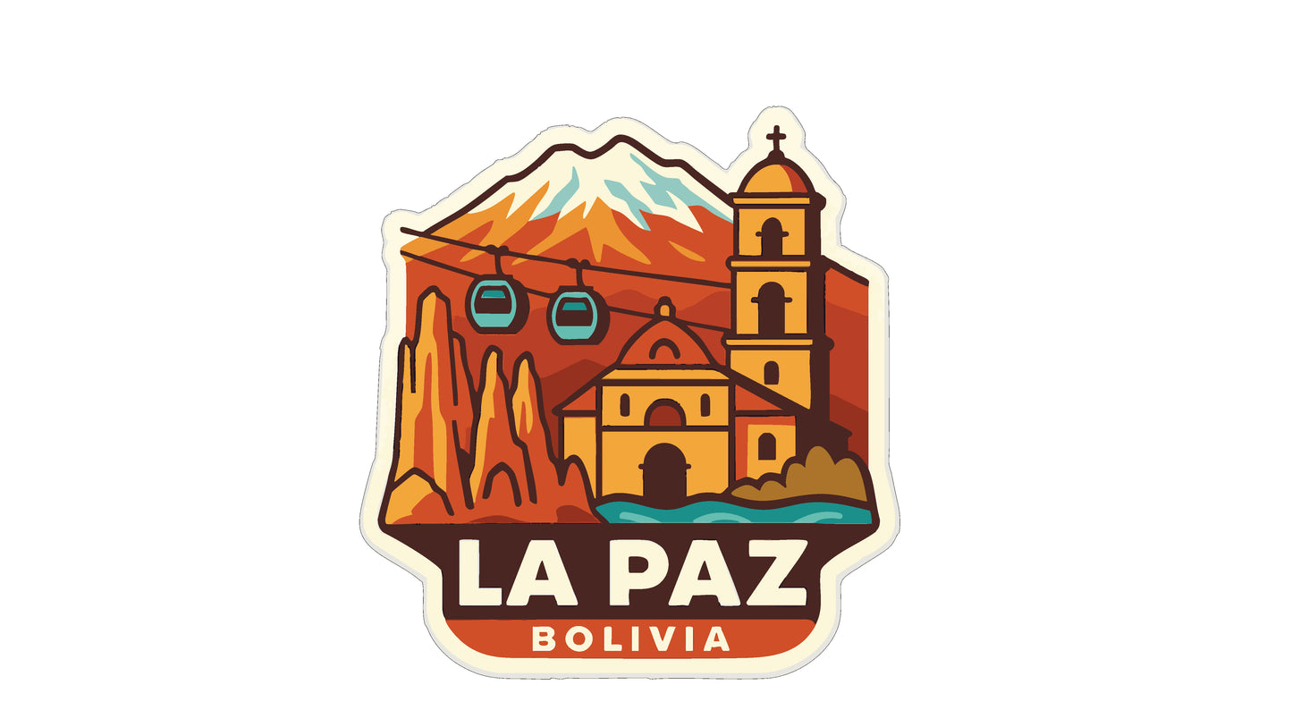 a sticker or emblem with a mountain, a bell tower, and a church, along with the text "LA PAZ BOLIVIA".