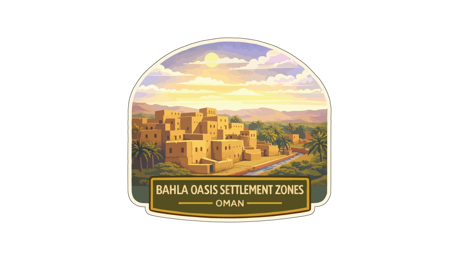 a desert town with a large, arched structure in the background, surrounded by palm trees and mountains. The text "BAHLA OASIS SETTLMENT ZONES" and "OMAN" is displayed below the image.