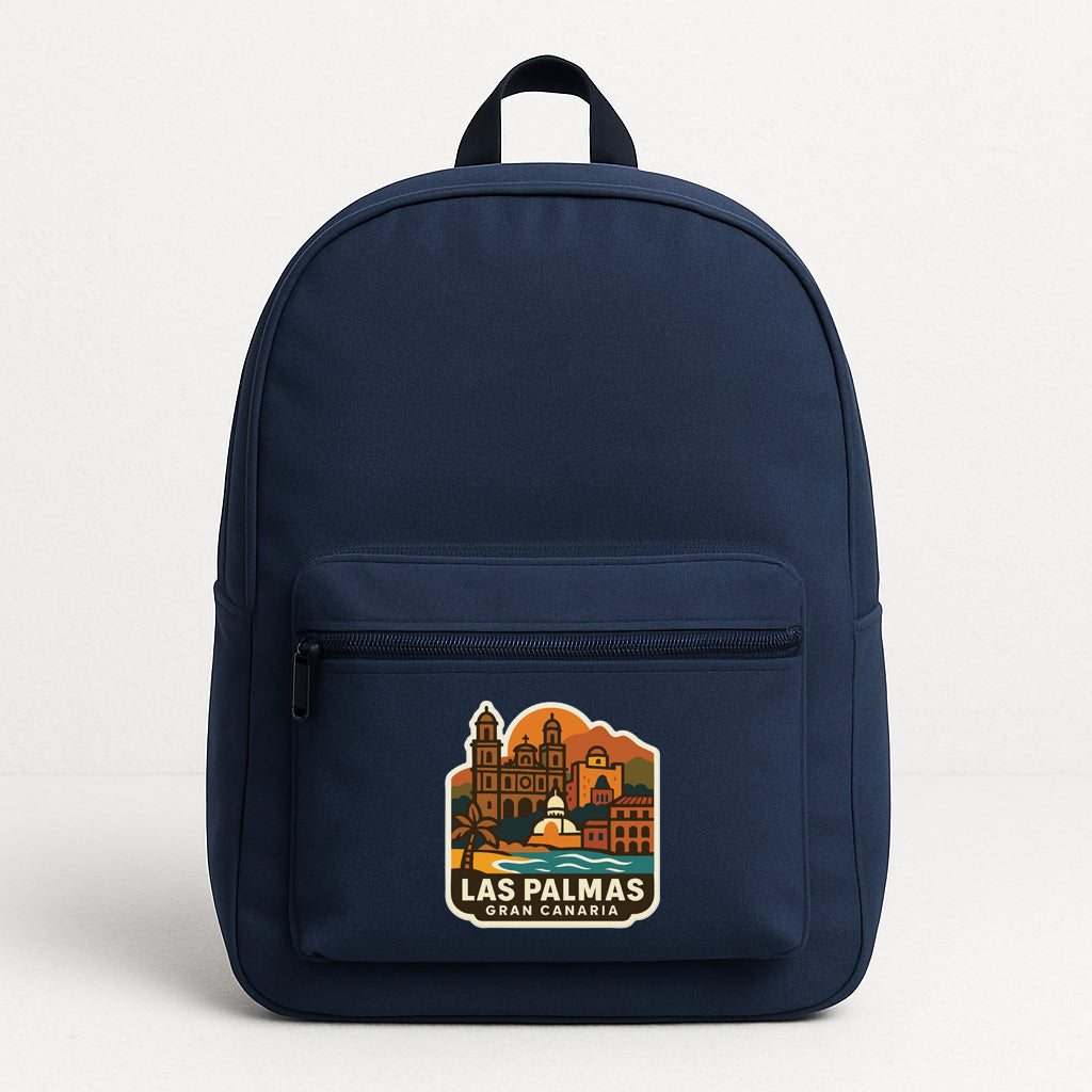 A navy blue backpack with a graphic of a city skyline and the text "LAS PALMAS GRAN CAMARIA" printed on it.