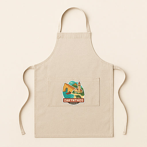 A beige apricot with a graphic design depicting a lighthouse and a boat on the front pocket.