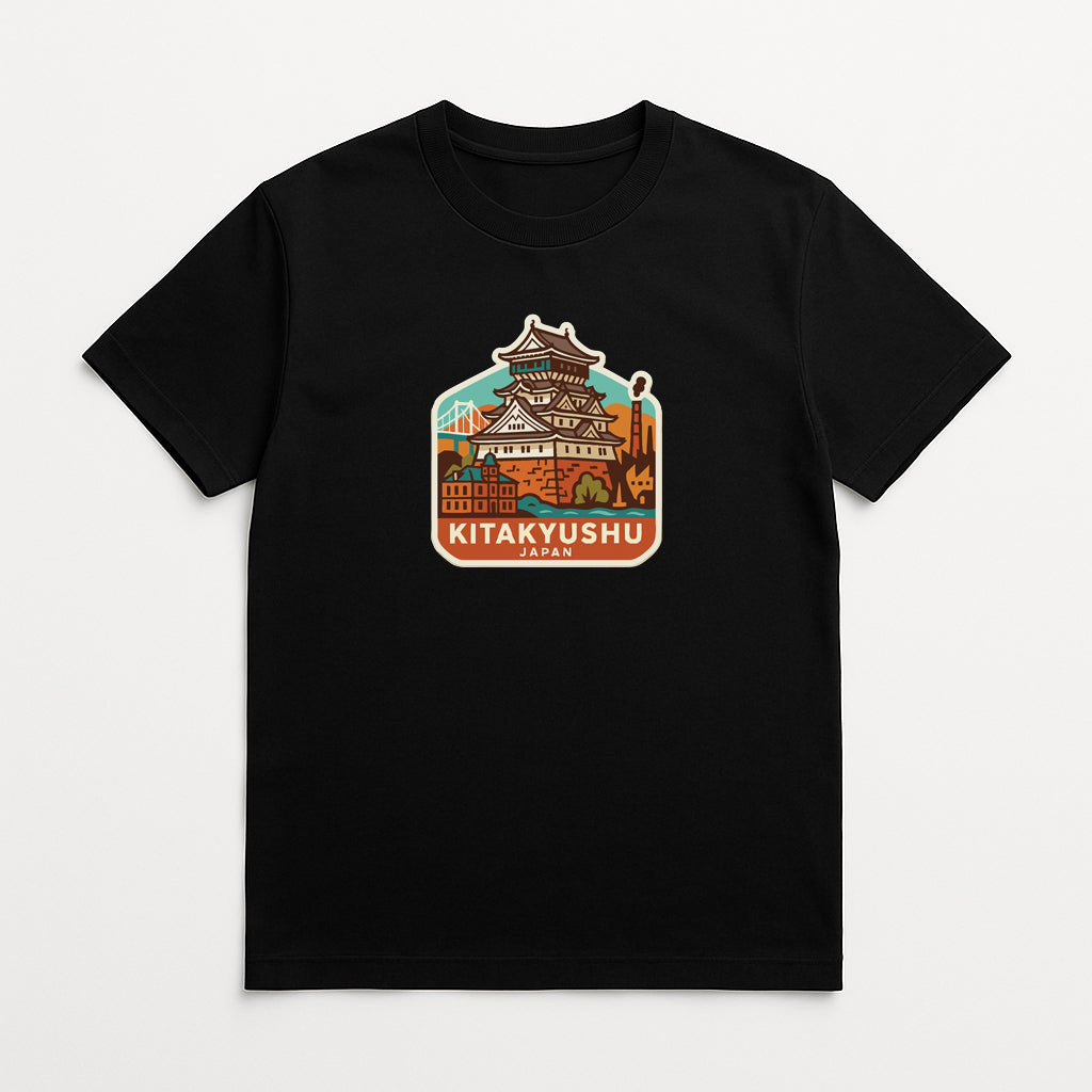 A black t-shirt with a graphic design depicting a Japanese castle or pagoda.