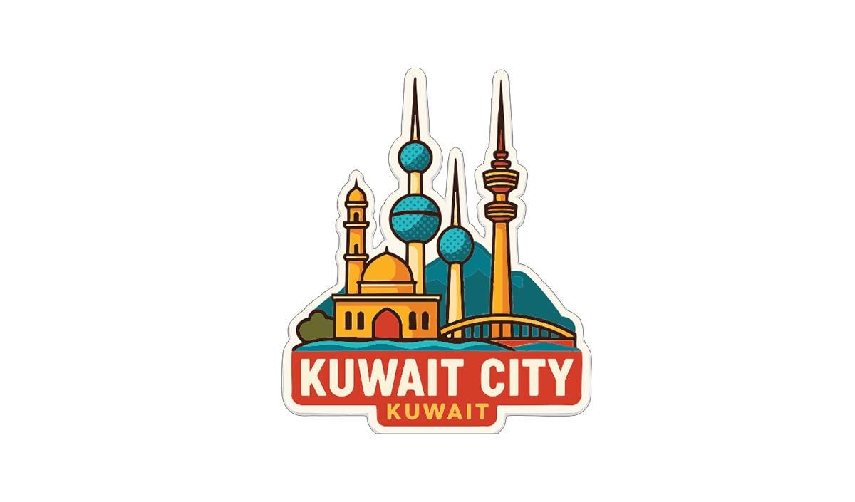 a sticker or illustration of the Kuwait City skyline, including theKuwait Tower, KUWAIT Tower, and other notable structures.