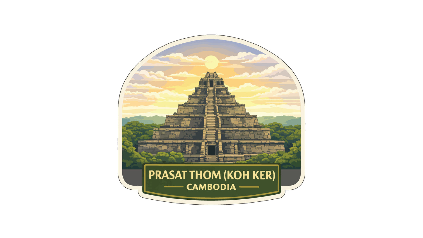 a temple with a pyramid-like structure, set against a backdrop of a sunset and lush greenery.