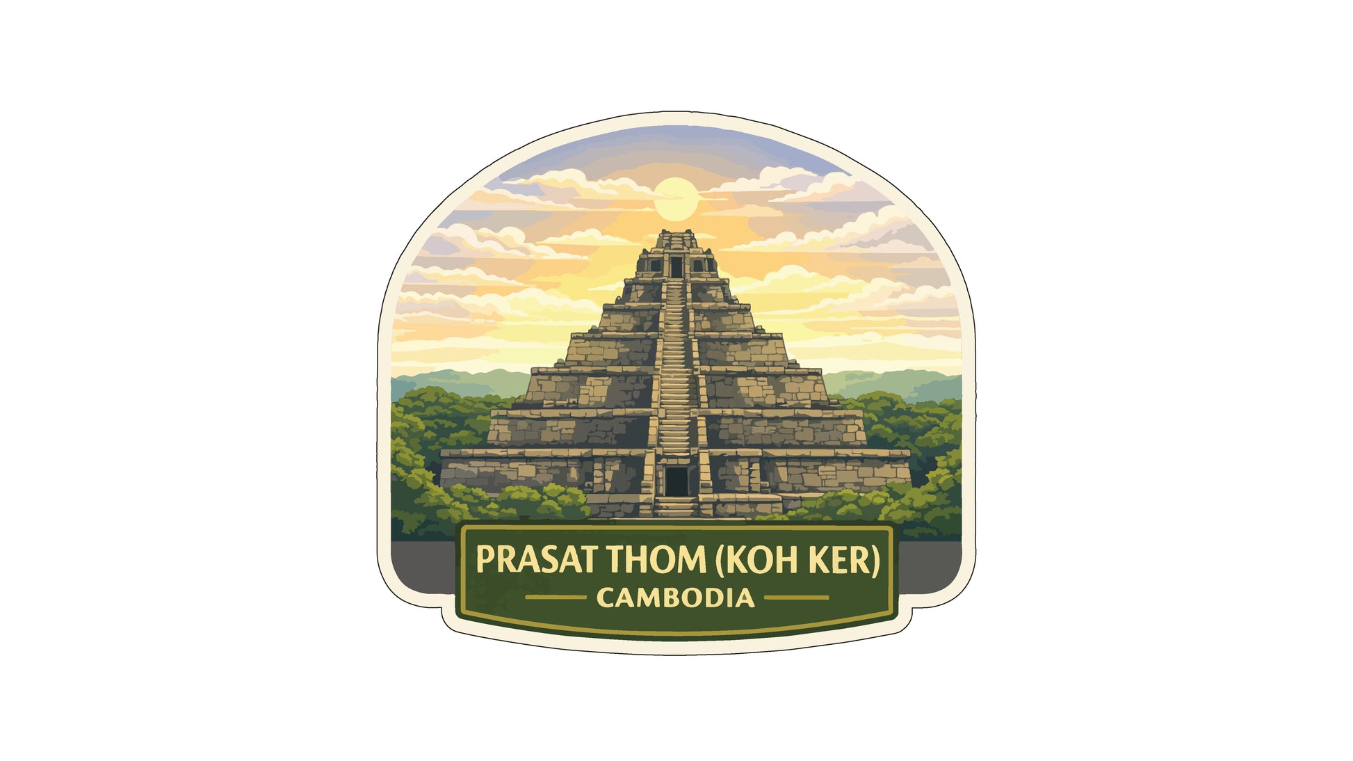 a temple with a pyramid-like structure, set against a backdrop of a sunset and lush greenery.