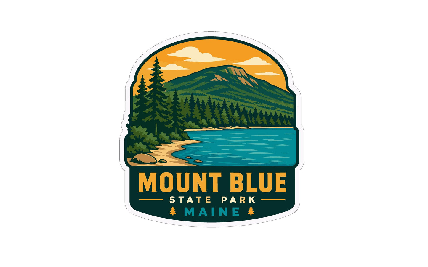 A sticker or emblem featuring a mountain landscape with pine trees, a lake, and a cloudy sky. The text "MOUNT BLUE STATE PARK MAINE" is prominently displayed, indicating the location of the scene.