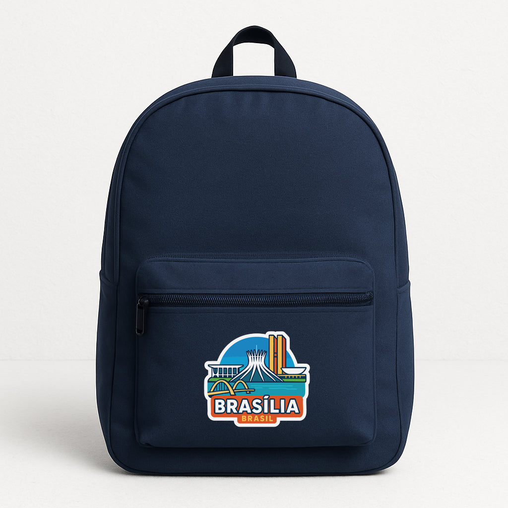A navy blue backpack with a sticker that says "BRASILIA" and features an illustration of a city skyline.