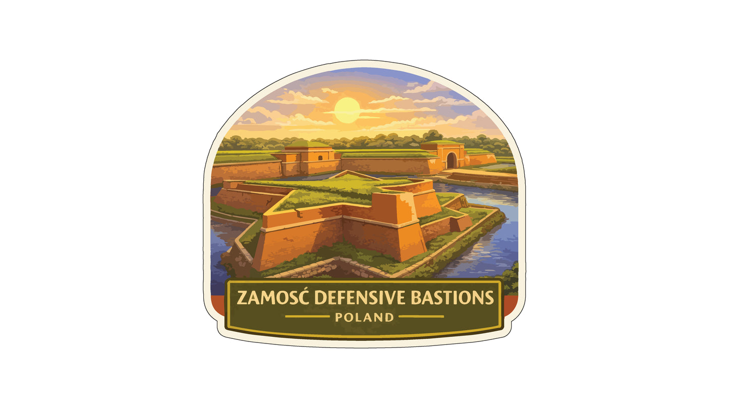a sticker or label with a scenic view of defensive fortifications in Poland.