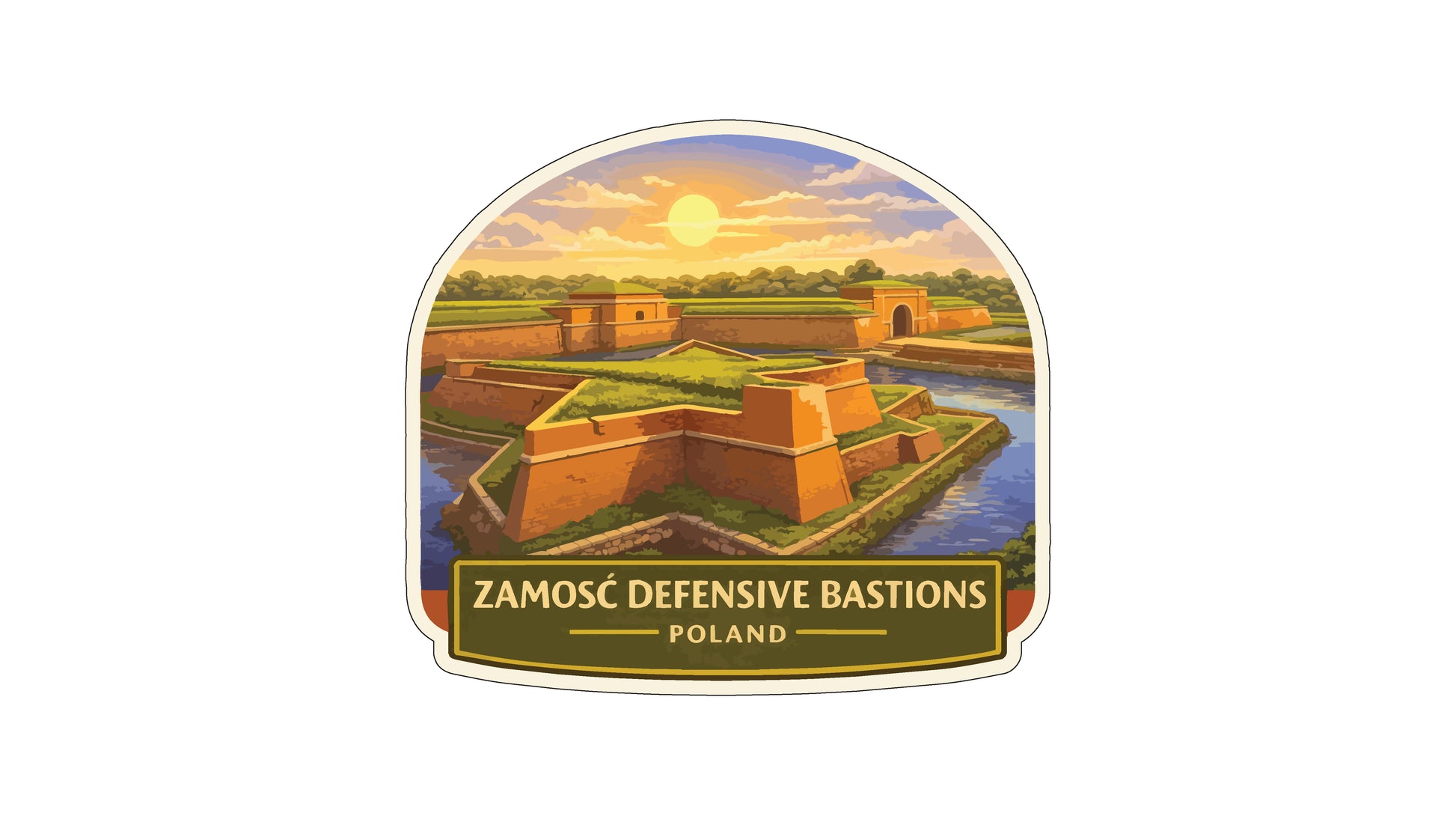 a sticker or label with a scenic view of defensive fortifications in Poland.