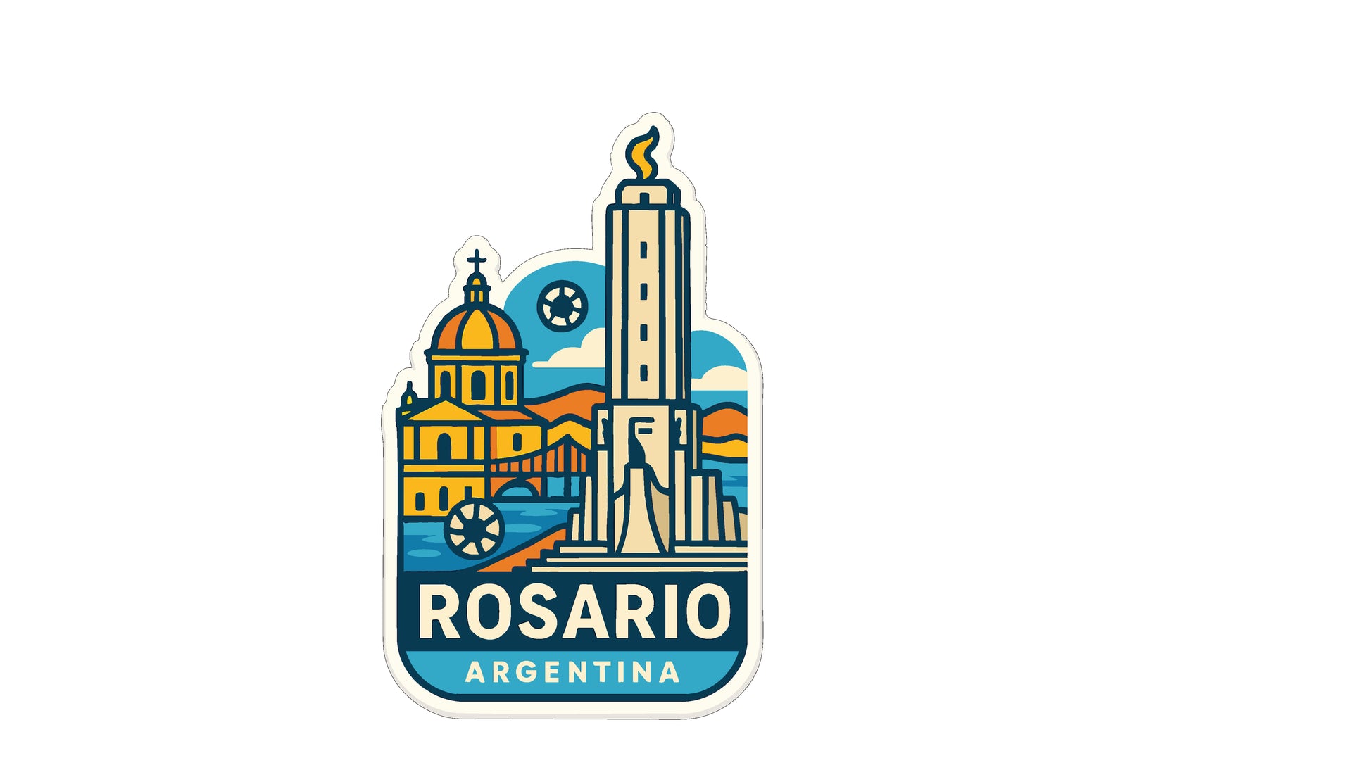 a sticker or emblem with a stylized illustration of a city skyline, including a tall tower and a dome, along with the text "ROSARIO ARGENTINA".
