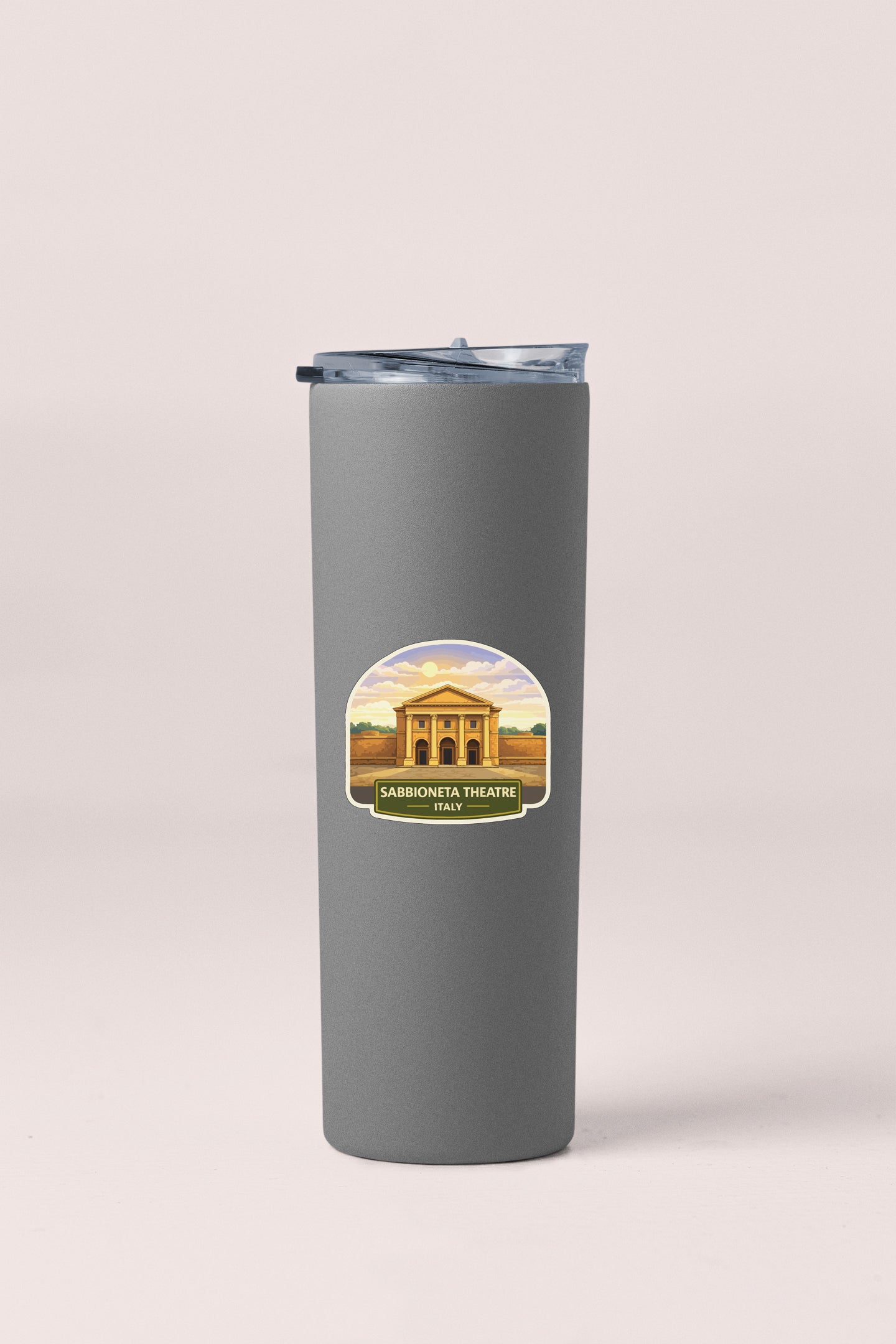 A gray tumbler with a label that says "Sabroneta Theatre Italy" on it.