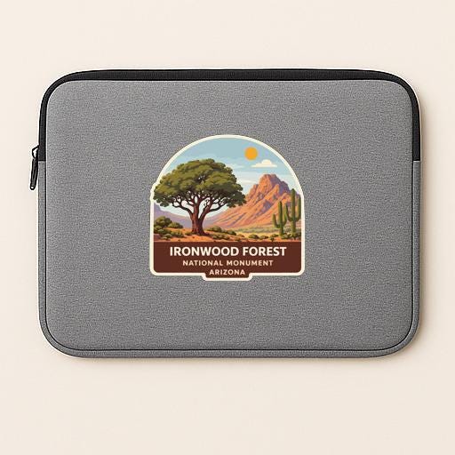 a gray laptop sleeve with a label that reads "Ironwood Forest National Monument Arizona".