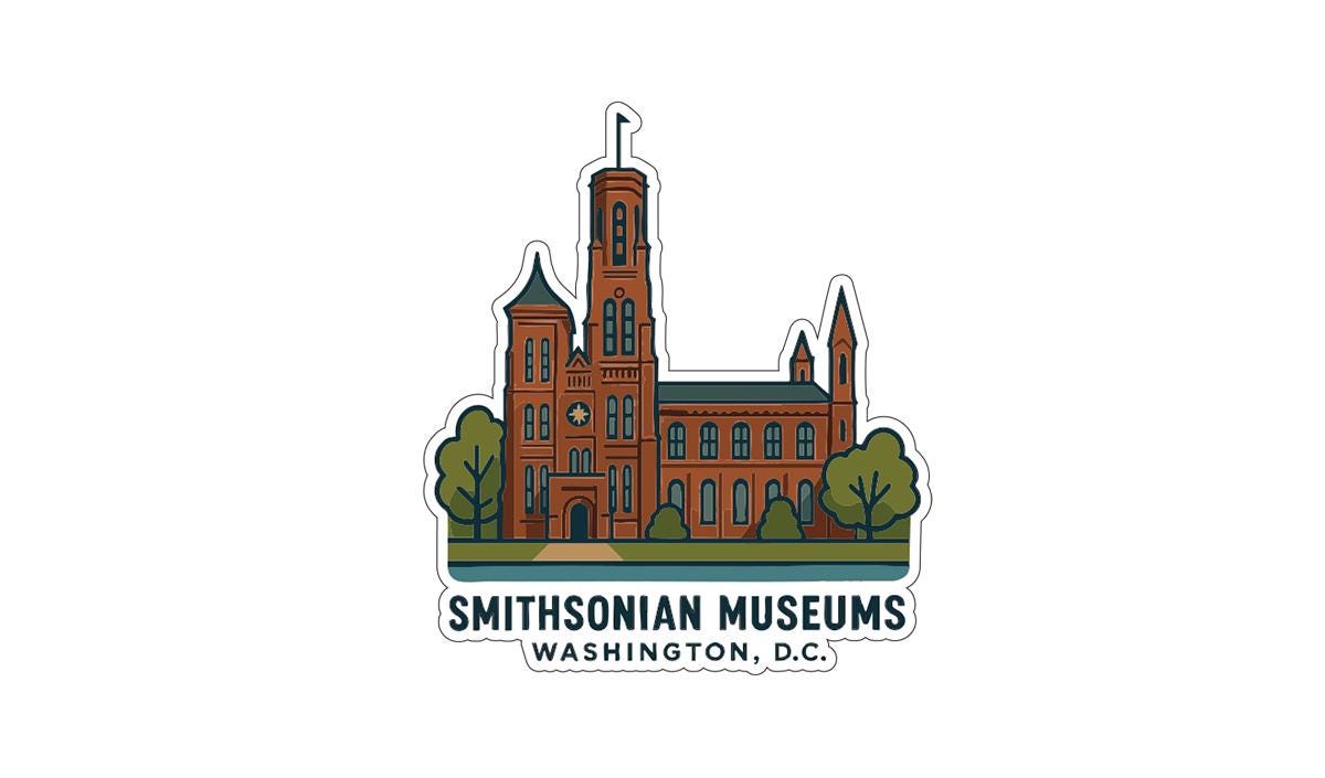 a stylized illustration of a building with a clock tower, representing the Smithsonian Museums in Washington, D.C.