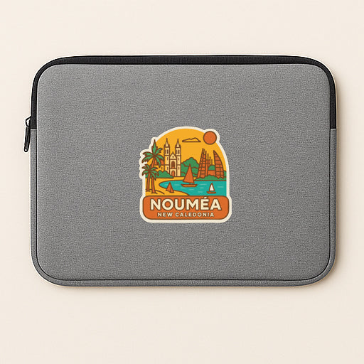 A gray laptop sleeve with a colorful graphic of a cityscape and the text "NOUMEA NEW CALIFORNIA" printed on it.