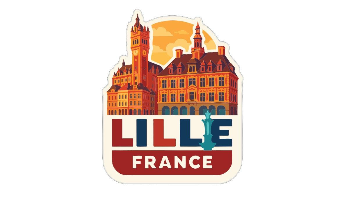 A sticker depicting the Lille, France cityscape with a clock tower and other buildings, along with the text "LILLE FRANCE" prominently displayed.