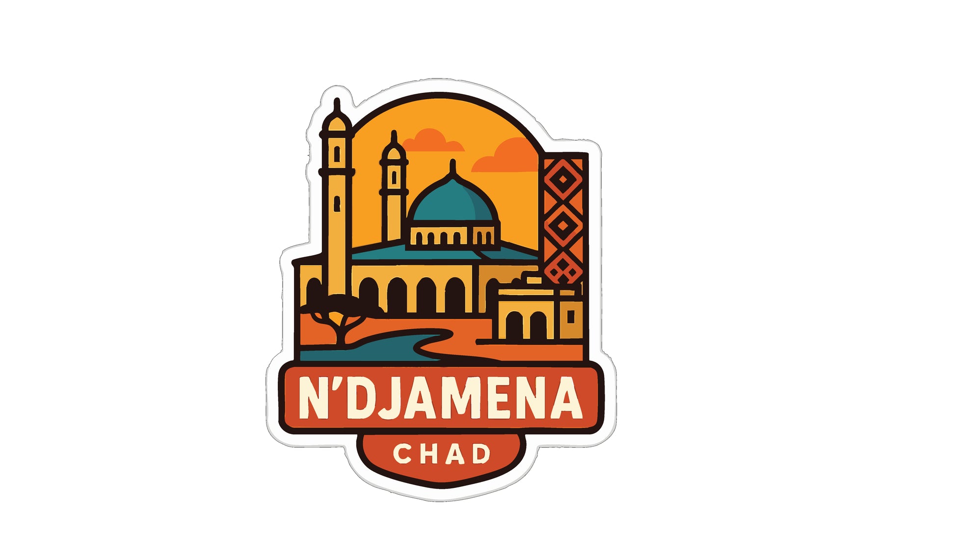 a sticker with a stylized illustration of a city skyline, including a mosque, and the text "N'DJAMENA CHAD" below it.