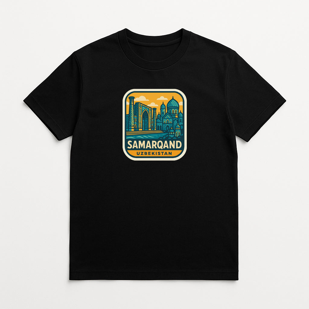 A black t-shirt with a graphic design depicting the city of Samarqand, Uzbekistan.
