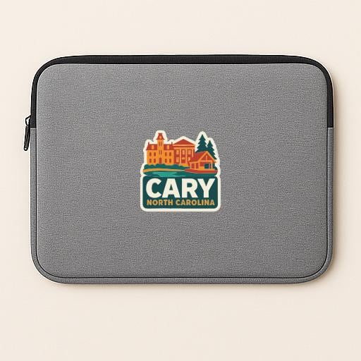 A gray laptop sleeve with a logo for "Cary North Carolina" printed on it.