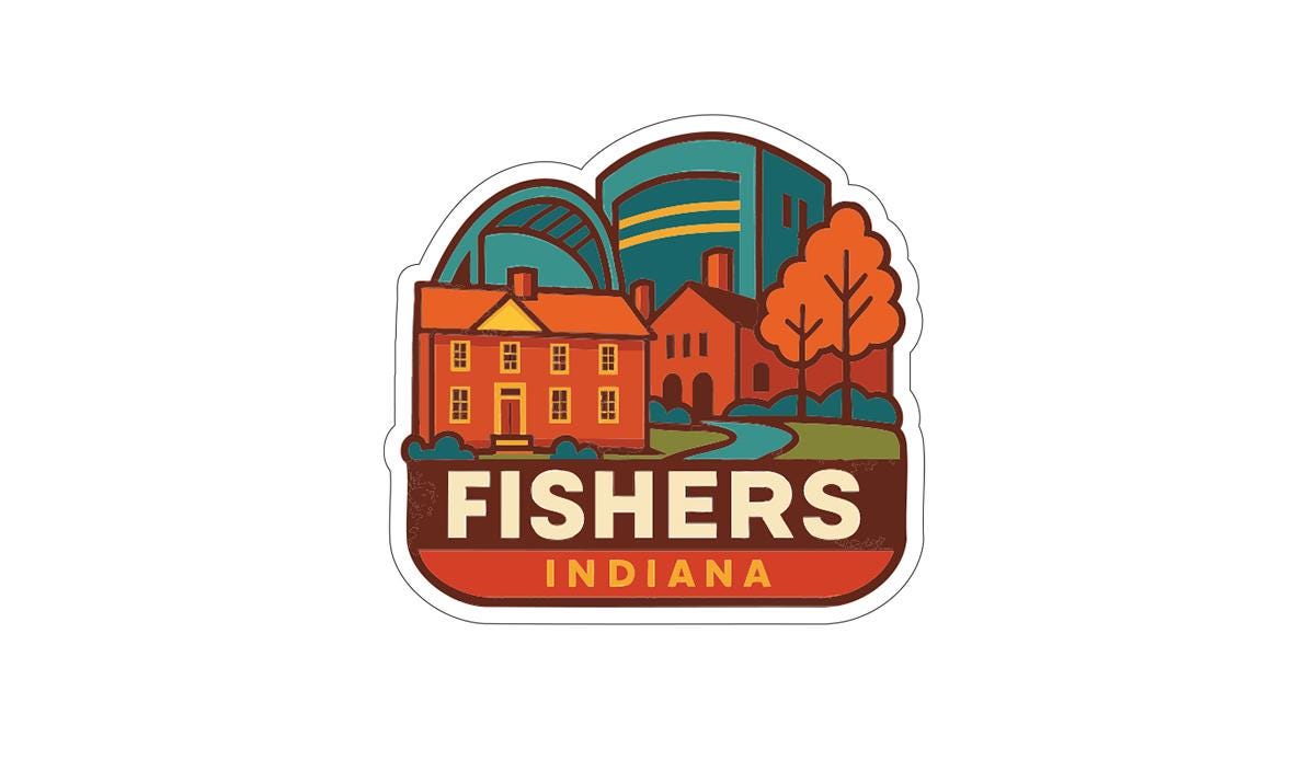 A sticker or logo featuring a colorful illustration of a town or city with buildings, trees, and a bridge, along with the text "FISHERS INDIANA".