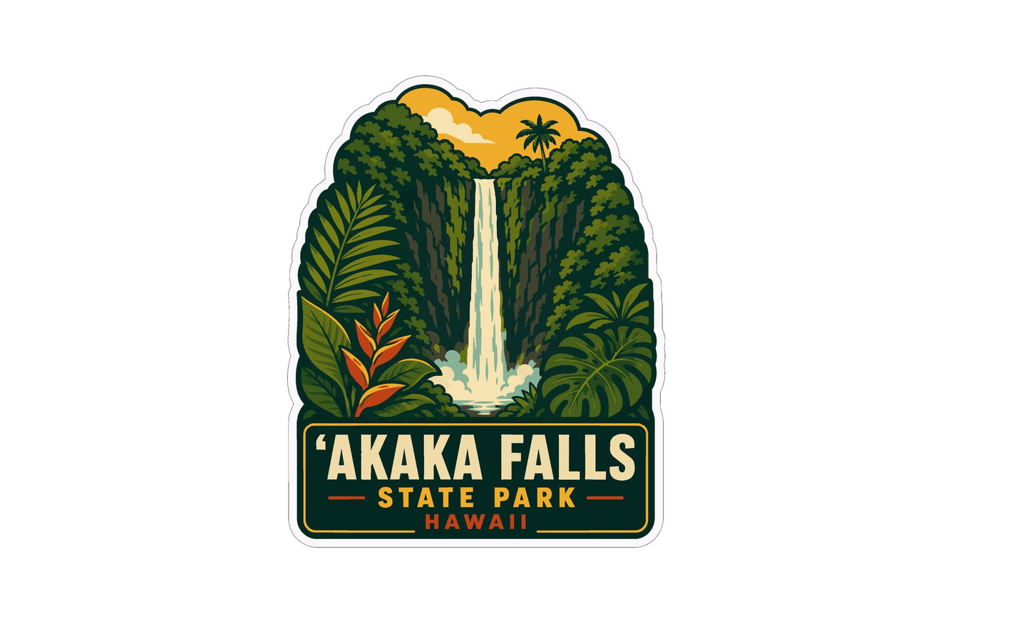 A sticker depicting the waterfall at Akaka Falls State Park in Hawaii, surrounded by lush tropical foliage and palm trees.