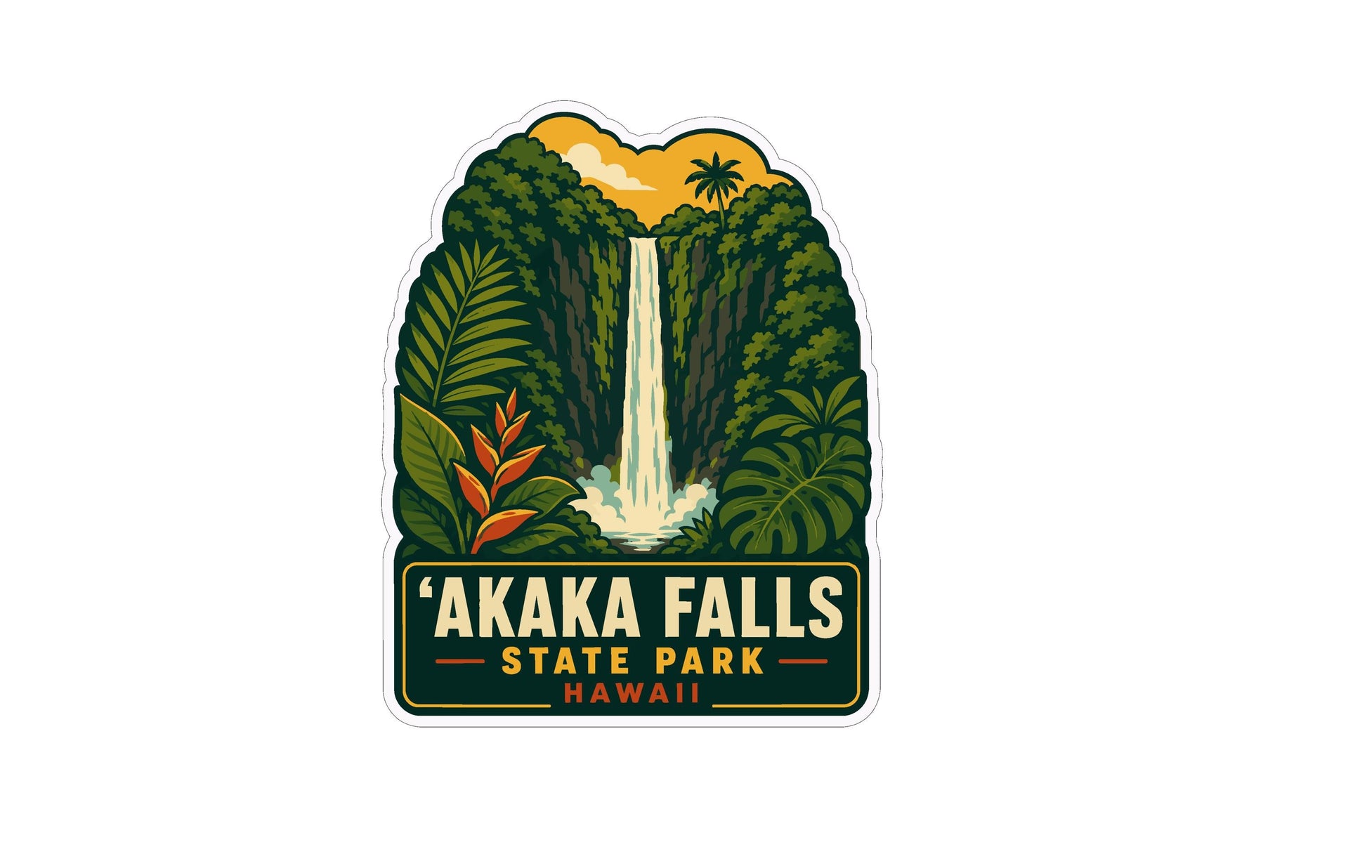 A sticker depicting the waterfall at Akaka Falls State Park in Hawaii, surrounded by lush tropical foliage and palm trees.