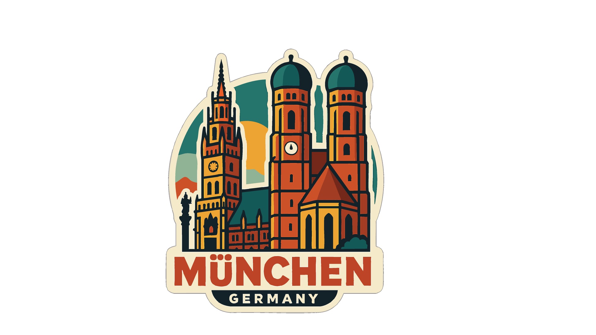 The image is a sticker or illustration depicting the city of Munich, Germany, featuring the city's iconic landmarks such as the Brandenburg Gate, the Brandenburg Cathedral, and the St. Peter's Basilica.