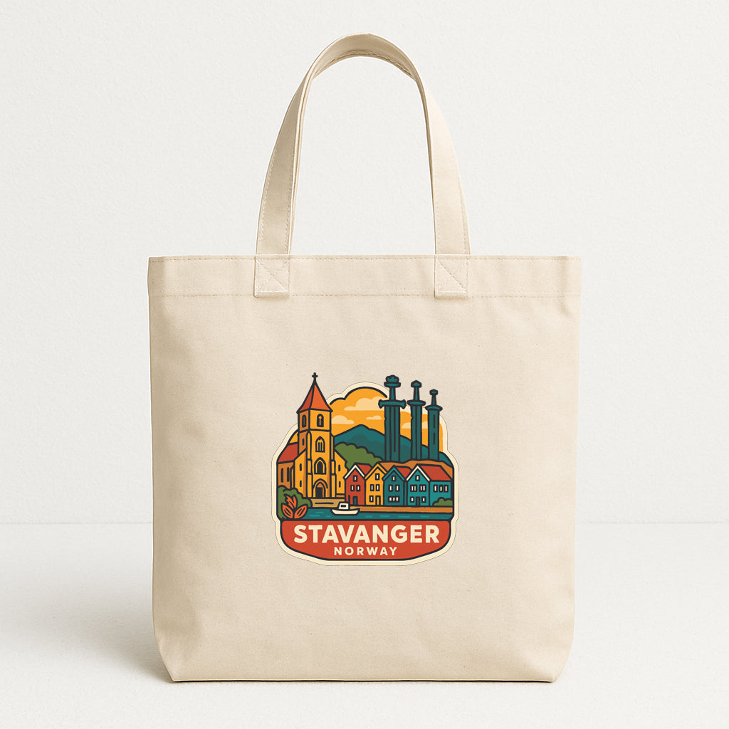 A beige tote bag with a printed design depicting a cityscape and the text "STAVANGER NORWAY" printed on it.