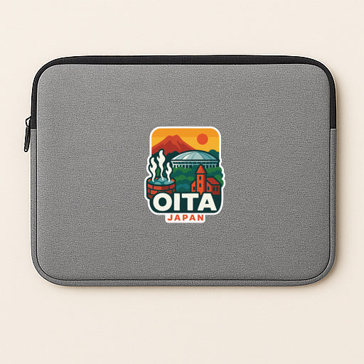A gray laptop sleeve with a logo depicting a scenic landscape and the text "OITA JAPAN".