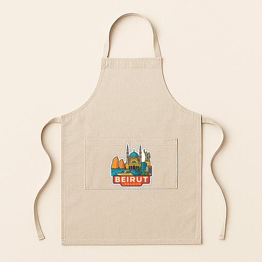 A beige apricot with a graphic of a city skyline on the front pocket.