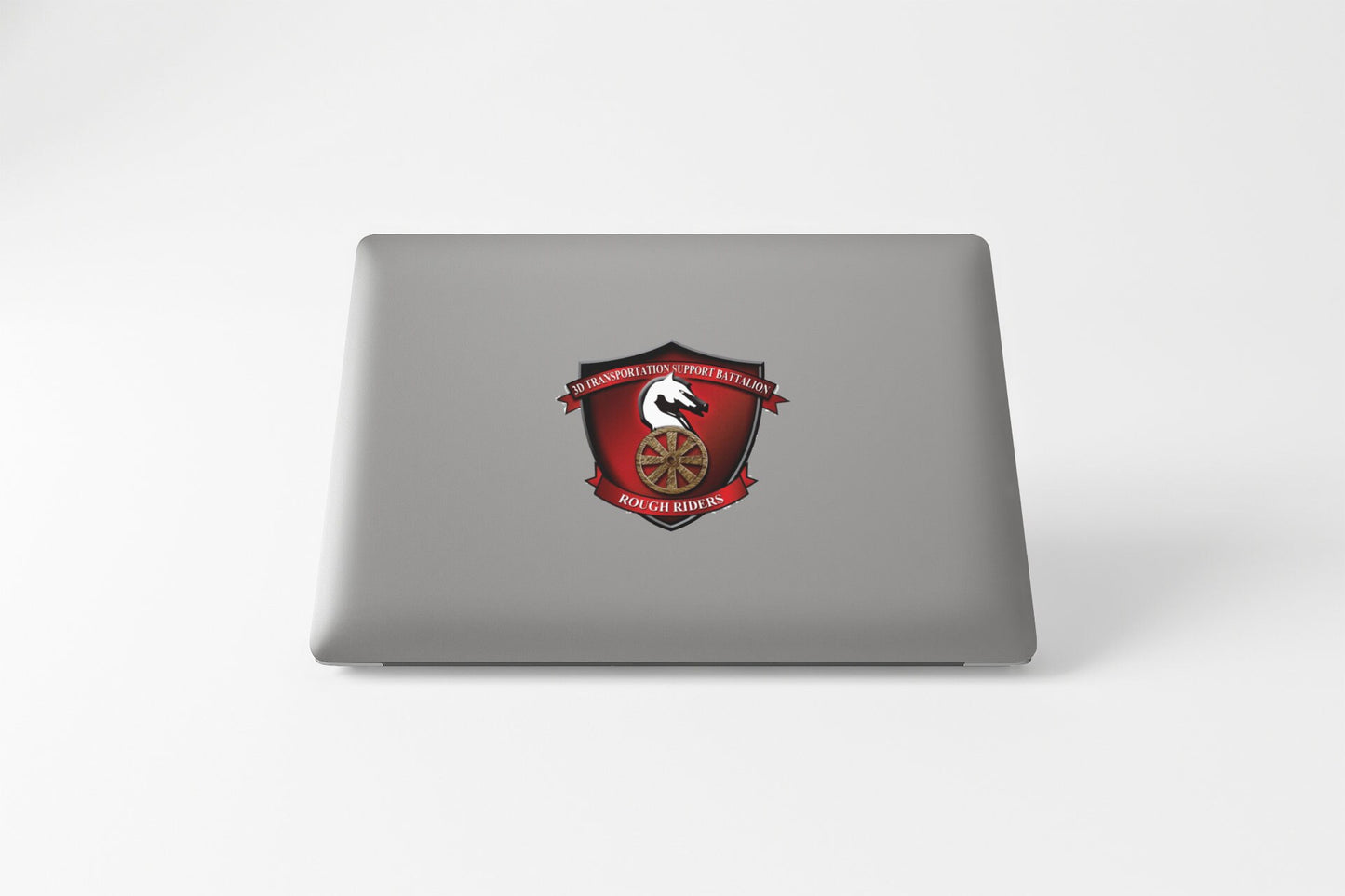 a laptop with a red and white emblem on it