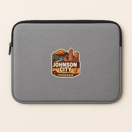 A gray laptop sleeve with a logo for Johnson City, Tennessee.