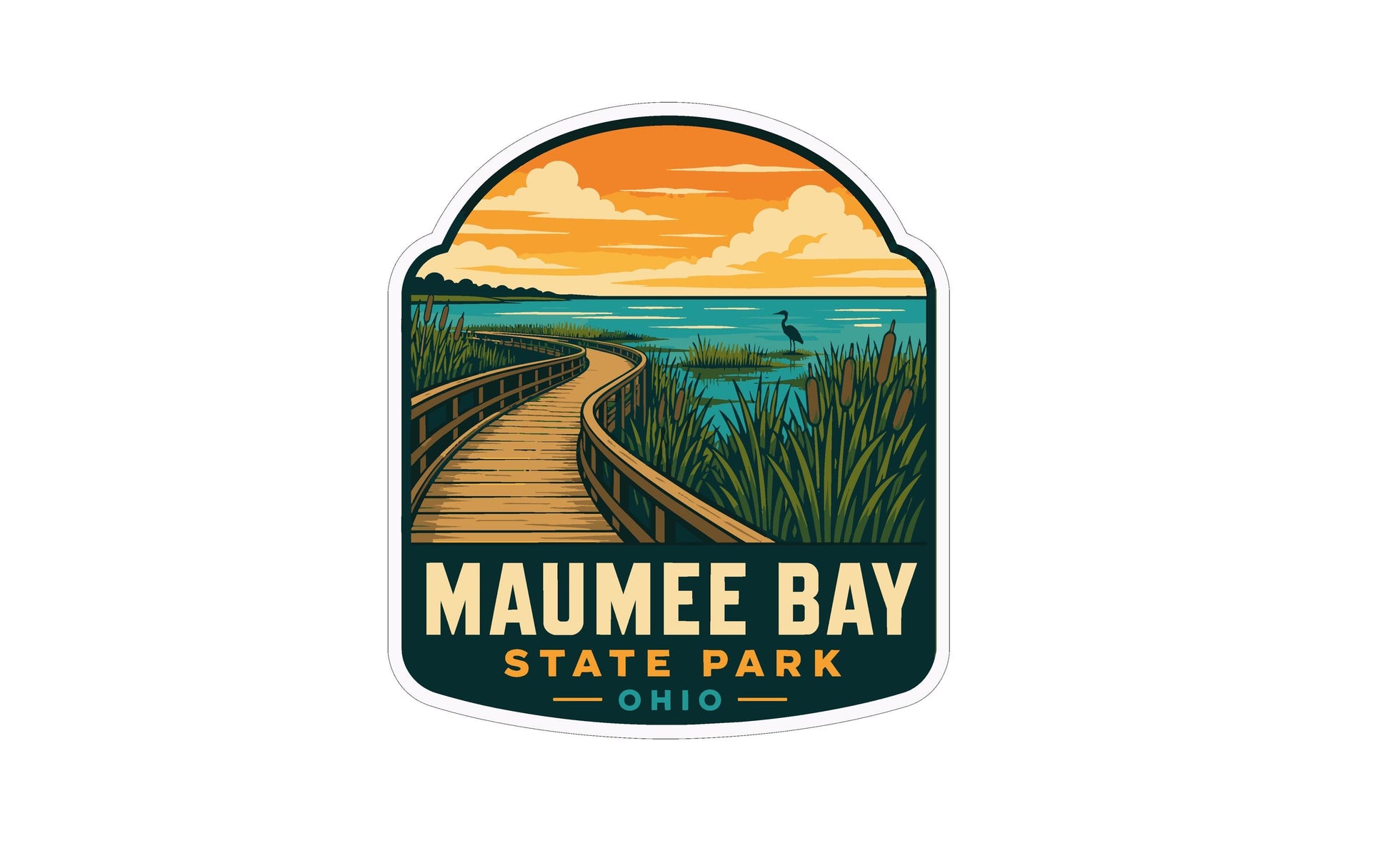 a sticker or logo for Mauume Bay State Park in Ohio. It depicts a wooden boardwalk leading to a scenic view of the bay, with a bird in the distance. The text "MAUMEE BAY STATE PARK OHIO" is prominently displayed, indicating the location and name of the park.
