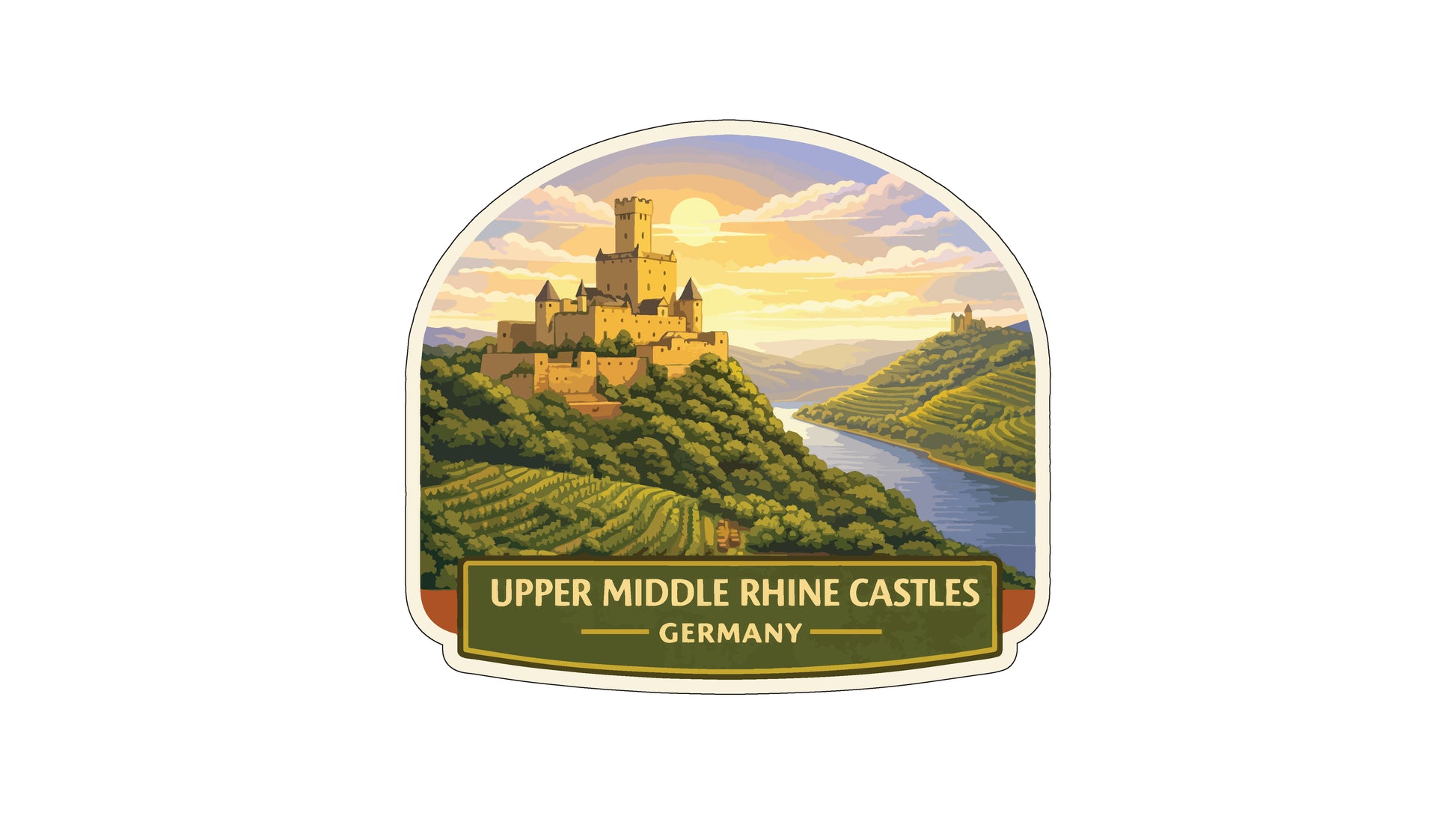 a castle on a hill with a river in the background, set against a colorful sky with clouds. The castle appears to be a part of the Upper Middle Rhine Castles in Germany.