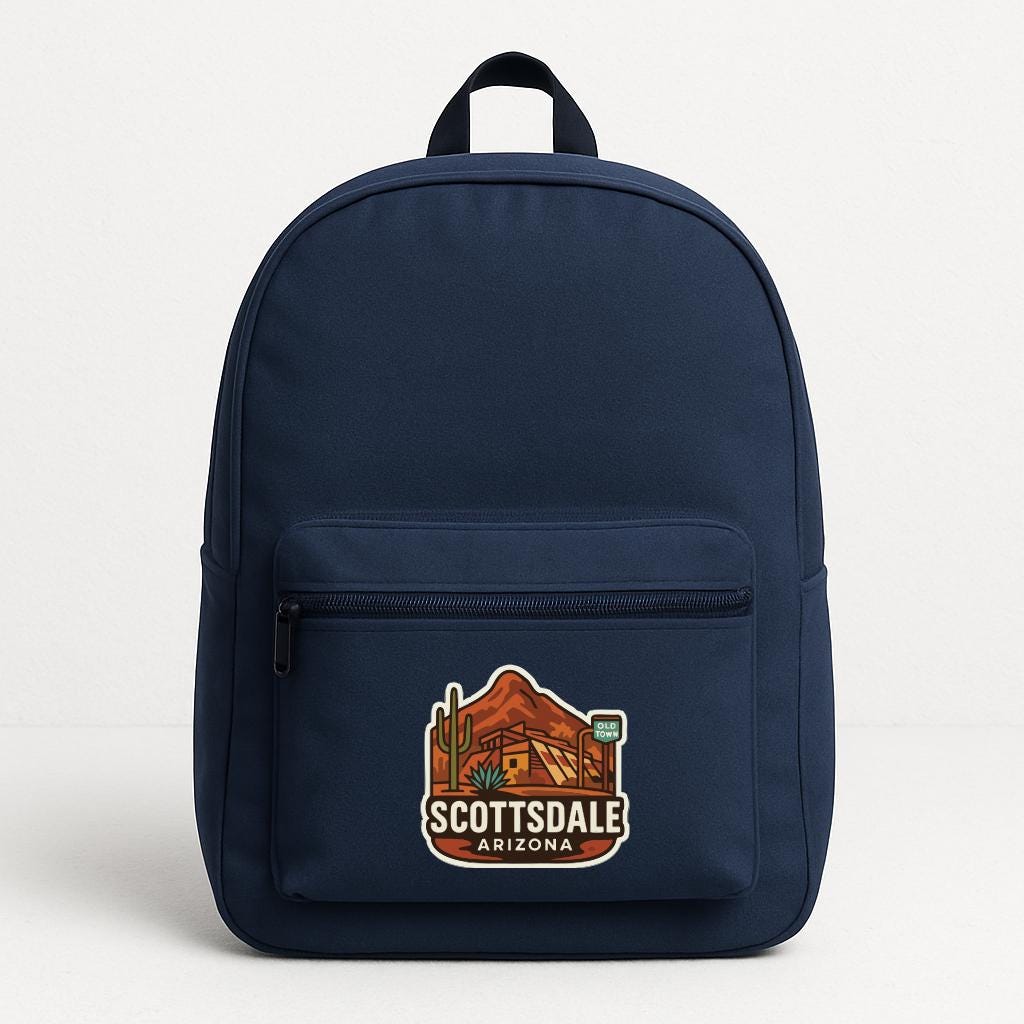 A navy blue backpack with a graphic of Scottsdale, Arizona on the front.