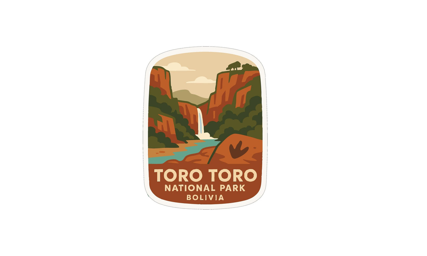a sticker or label with a scenic landscape depicting a waterfall, mountains, and a river.