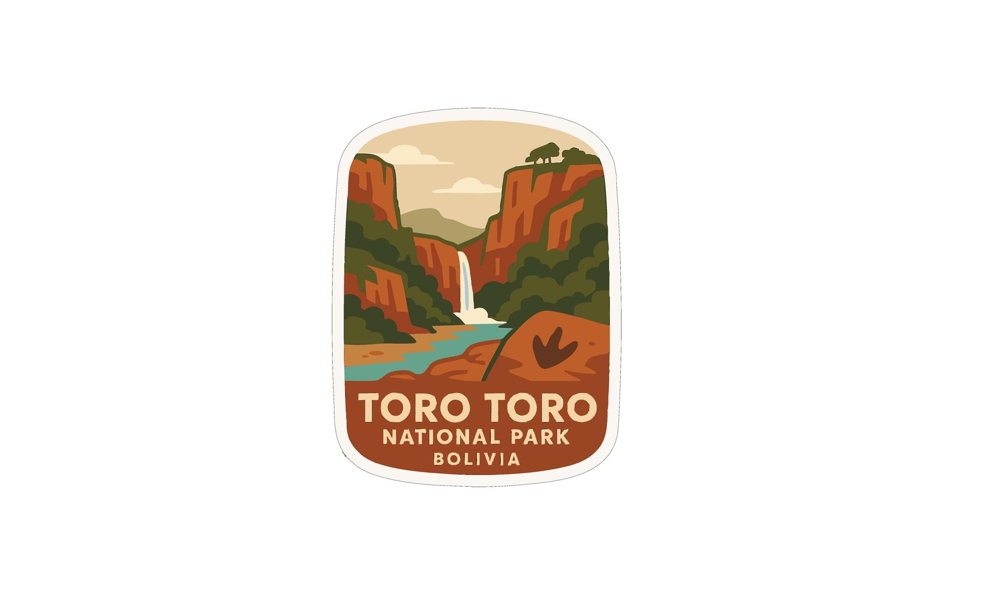 a sticker or label with a scenic landscape depicting a waterfall, mountains, and a river.