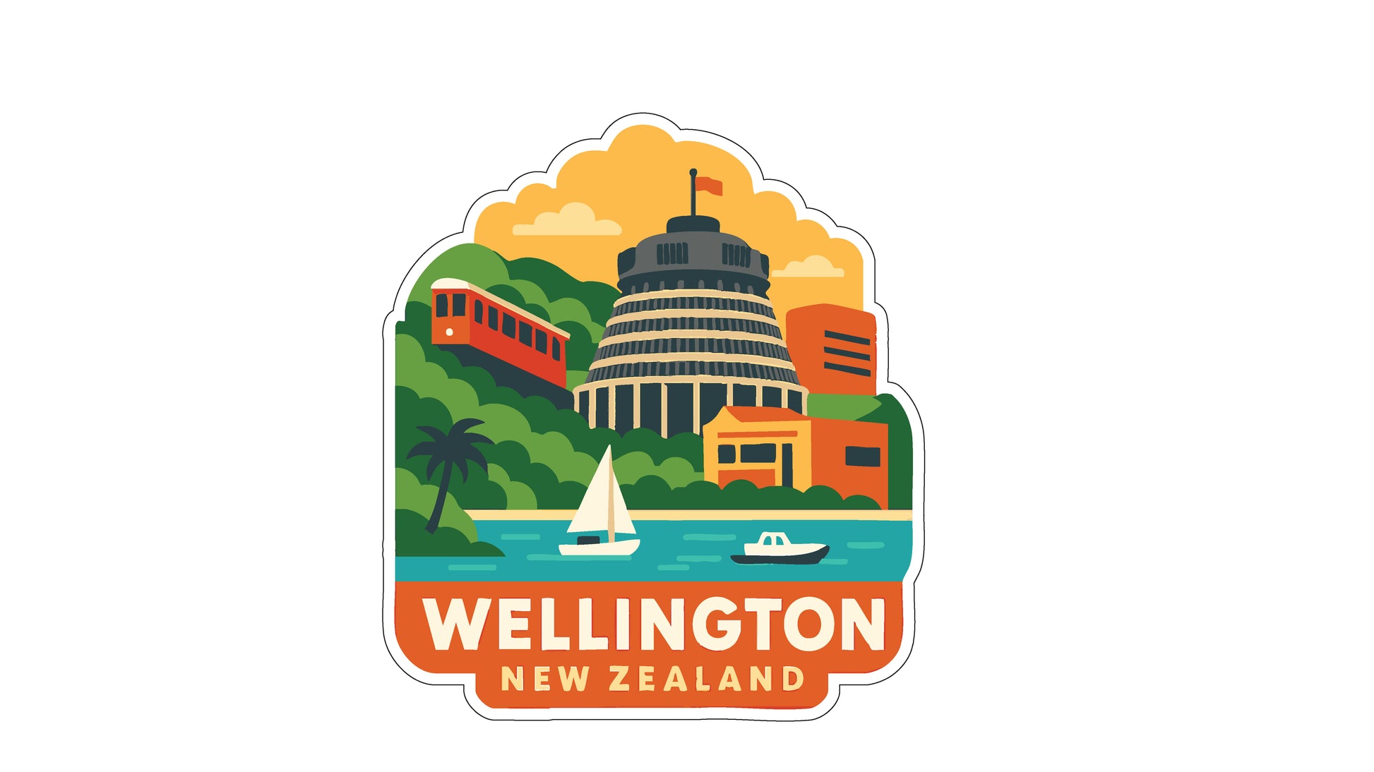 A sticker or emblem featuring the iconic Wellington, New Zealand, with various landmarks and elements such as a castle, a train, a sailboat, and a cityscape.