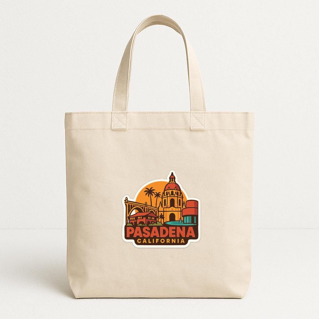 A beige tote bag with a printed design of the city of Pasadena, California.
