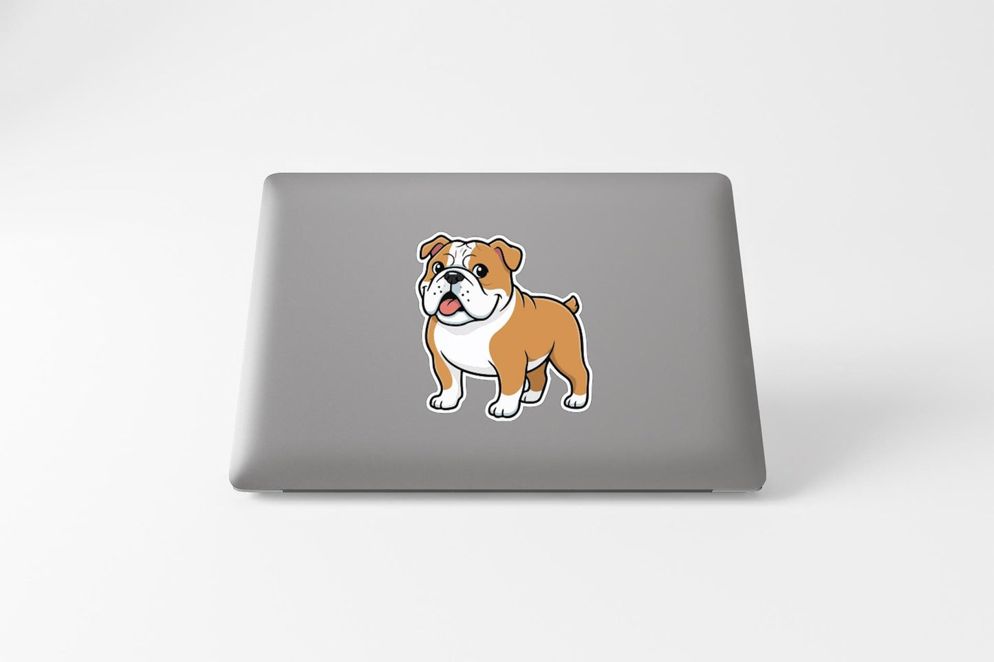 A cartoon image of a bulldog on a laptop screen.