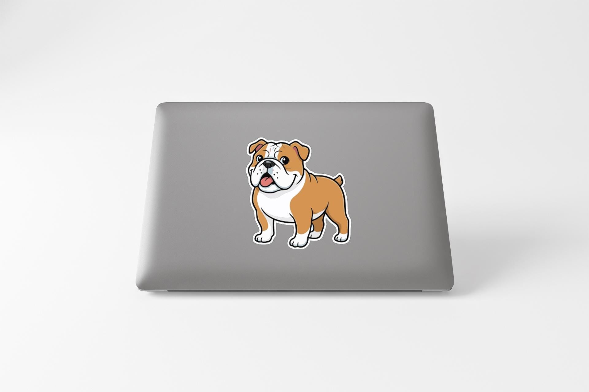 A cartoon image of a bulldog on a laptop screen.