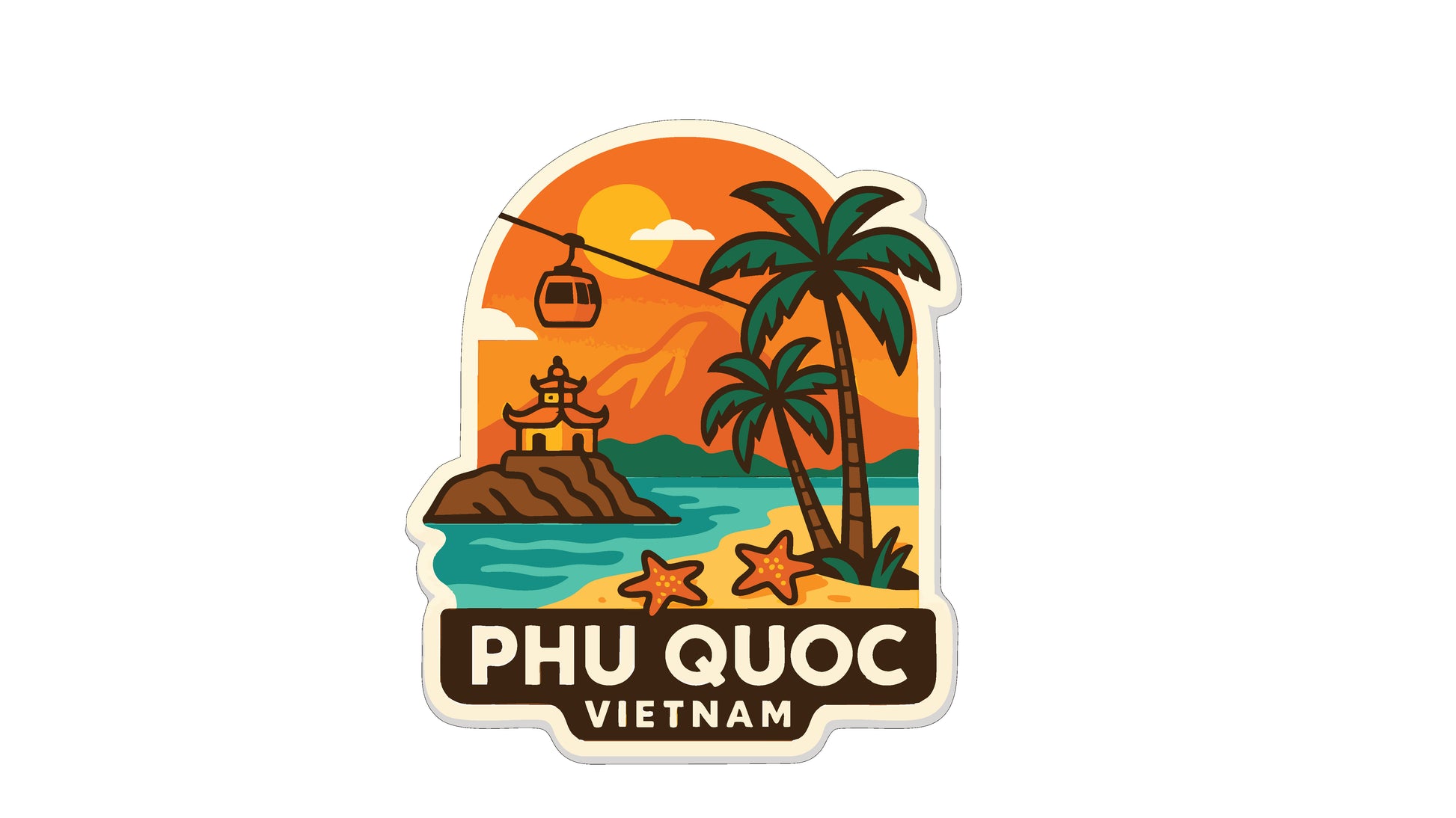 a sticker or label with a tropical beach scene, palm trees, and a cable car, along with the text "PHU QUOC VIETNAM".