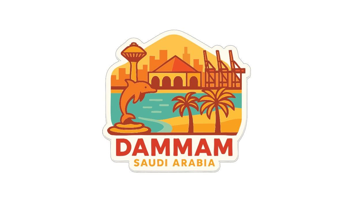 a sticker or logo for Dammam, Saudi Arabia. The sticker includes a cityscape, palm trees, and a dolphin, all set against a bright orange and yellow background.