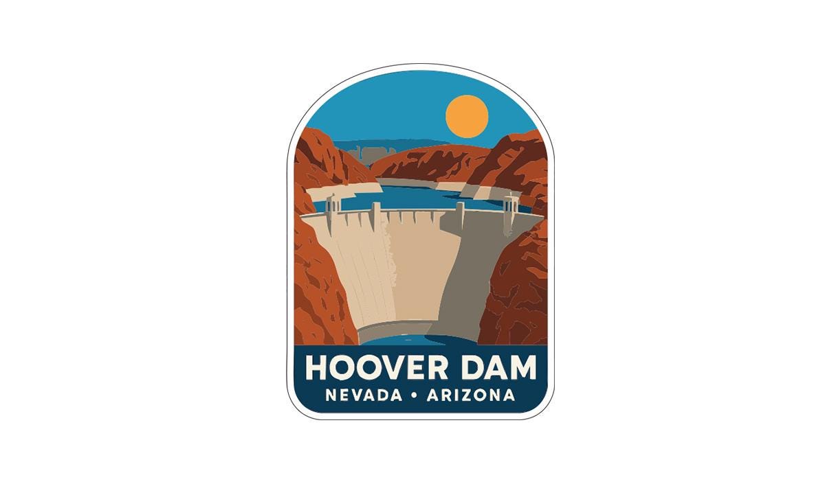 A sticker depicting the Hoover Dam, a large dam located in Nevada, Arizona.