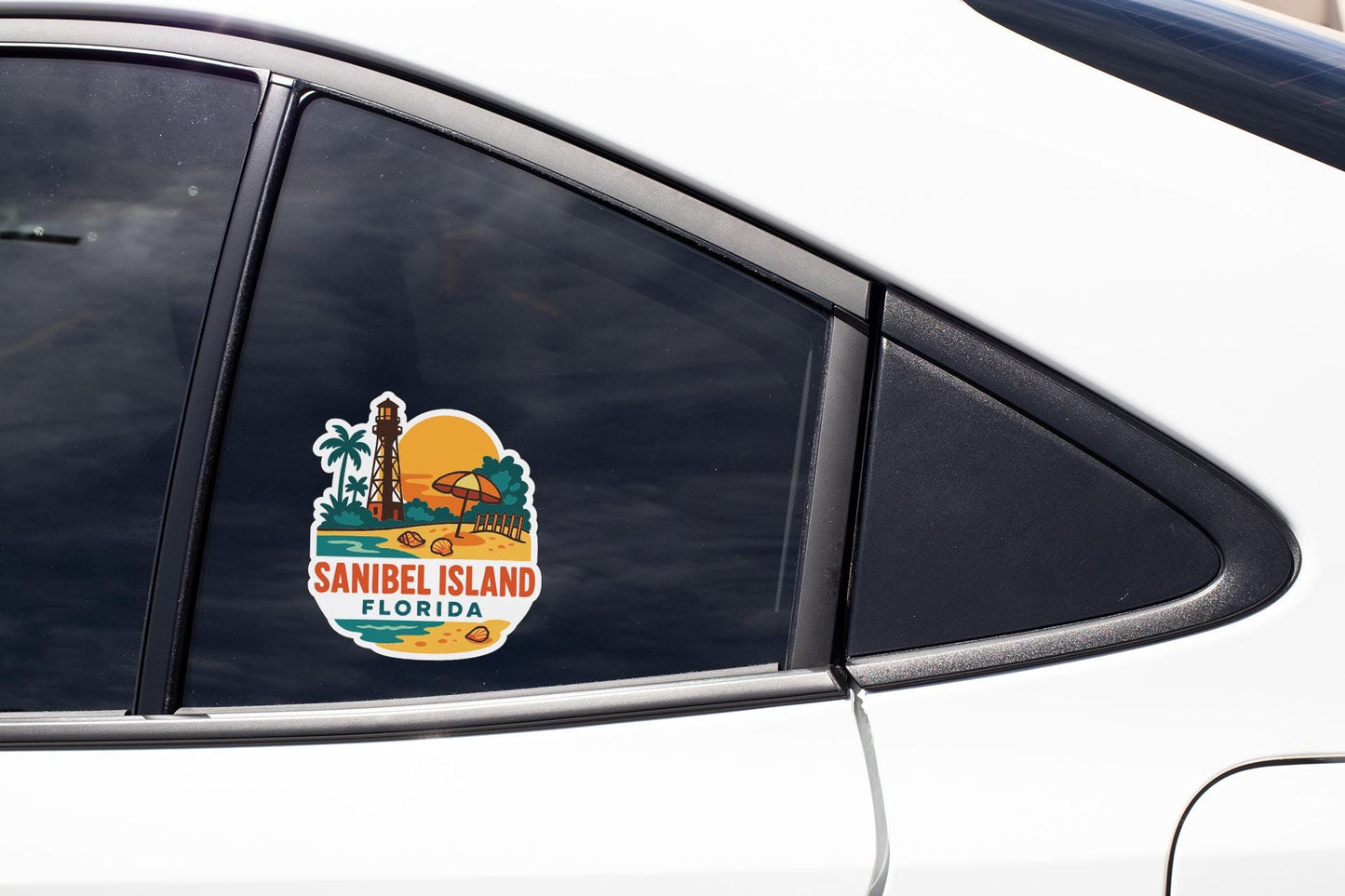 A sticker on the side of a car window, depicting a tropical beach scene with palm trees and a lighthouse, along with the text "SANIBEL ISLAND FLORIDA".
